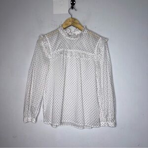 Madewell Mockneck Ruffle Top in Flocked Dot White and Black Blouse‎ Size XS